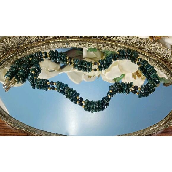 Vintage Polished Malachite Green Necklace Long Goldtoned Beads Stunning Unique - Picture 8 of 13